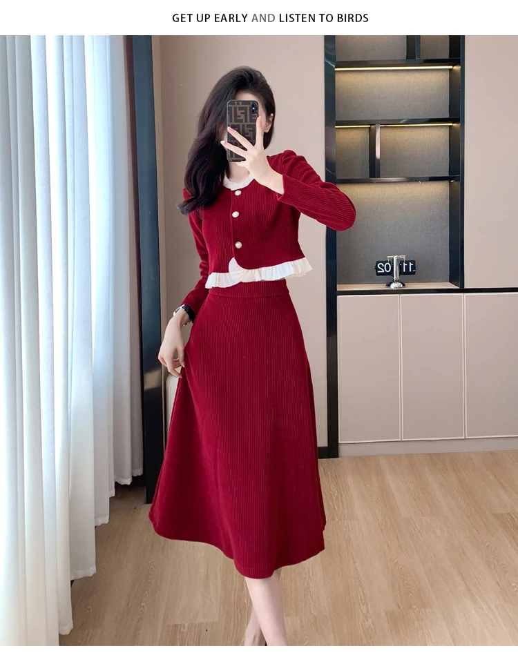 Autumn Winter Corduroy Two-piece Skirt Set Women Long Sleeve Ruffles O-neck Top Solid Midi Skirt Korean Fashion Outfits New