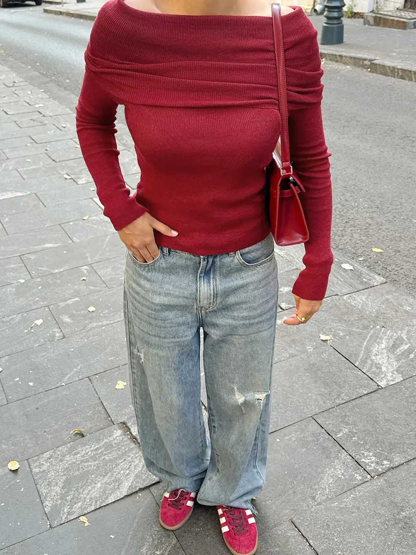 Knit Sweater Pullover Top For Women Fashion Off-Shoulder Slim Casual High Waist Cropped T-shirt Female Knitwear Pullover