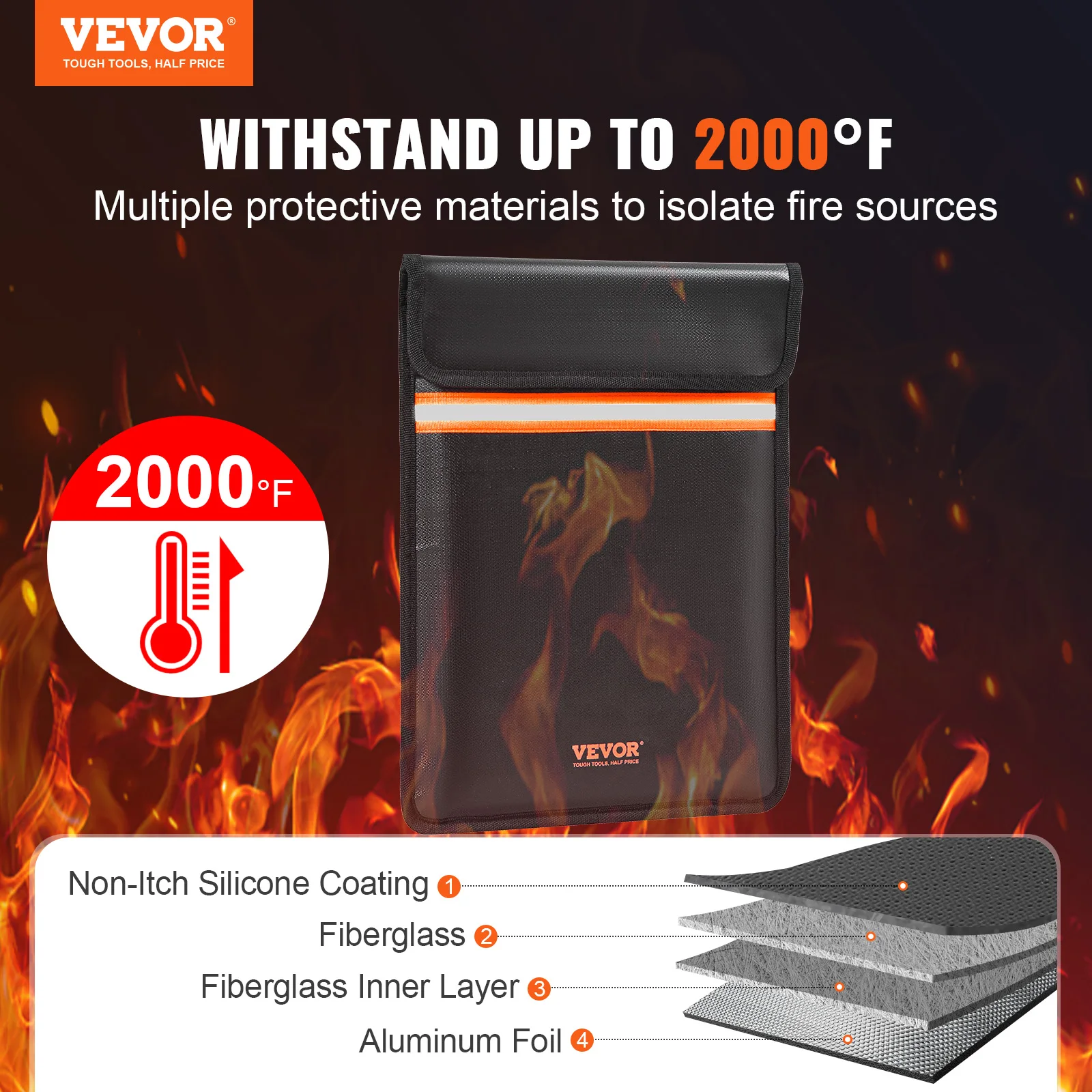 Money Document Pouch VEVOR Fireproof 2-layer/ 1-layer 2000℉ Fireproof & Waterproof Storage for Documents Jewelry