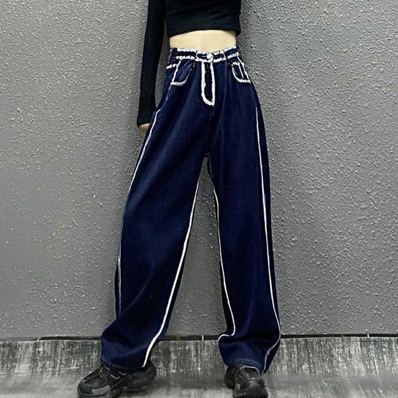 

Biyaby Vintage High Waist Dark Blue Jeans Women 2022 Autumn Straight Wide Leg Trousers Woman Streetwear Baggy Mom Denim Pants
