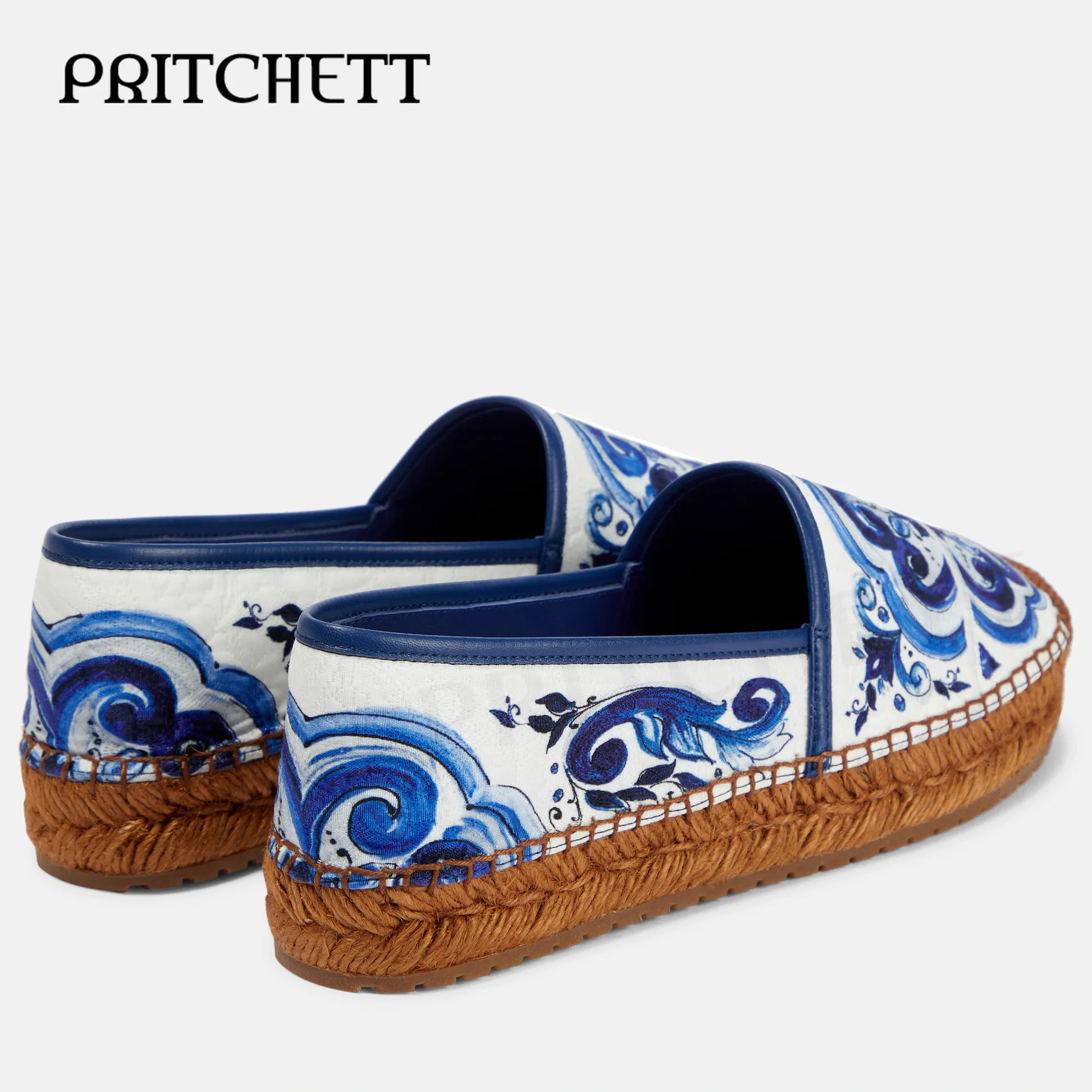 Red Blue and White Porcelain Espadrilles Round Toe Color Matching Slip-On Shallow Mouth Casual Shoes Comfortable Women's Shoes