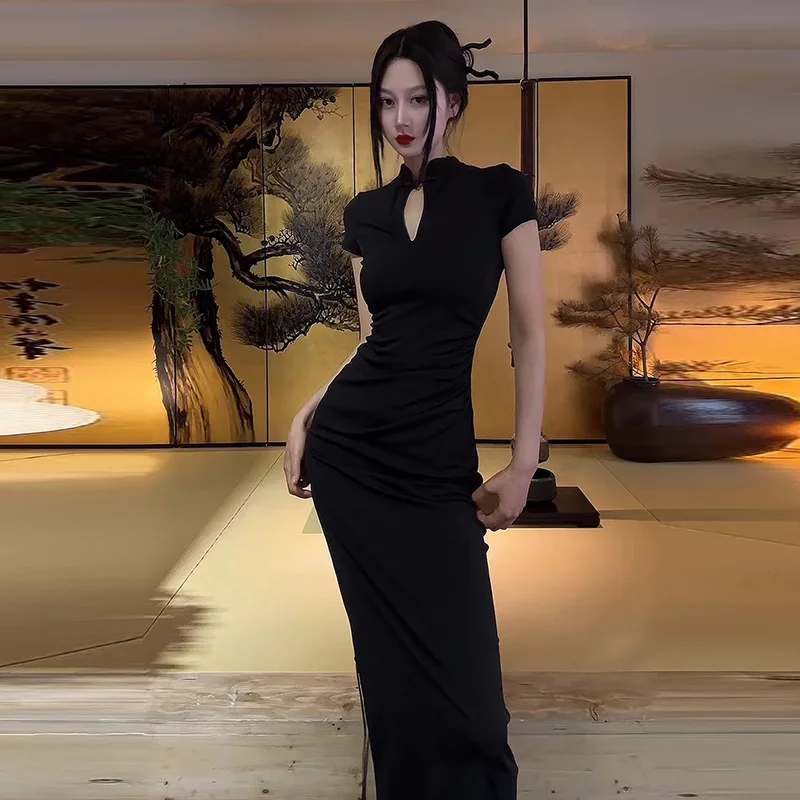 Solid Button Hollow Out Slit Bodycon Short Sleeve Women'S Dresses Long Streetwear Casual Outfit Summer Fashion