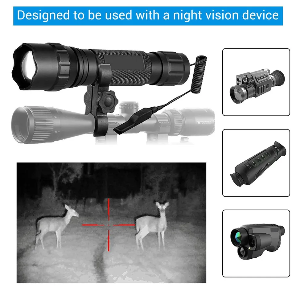 Lampe Torche Tactique Infrarouge 940nm Zoomable – 500 Lumens – Noire – Avec LED IR