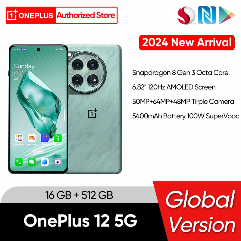 OnePlus 12 글로벌 버전 100W SuperVooc 충전, 스냅드래곤 8 Gen 3 6.82 인치, 2K 120Hz AMOLED 디스플레이 화면, 16GB, 512GB