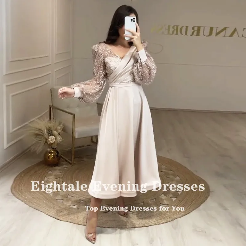 Eightale Champagne Short Evening Dress for Wedding Party Customized Satin  Gliiter Prom Gown Long Puffy Sleeves Celebrity Gown - AliExpress 320