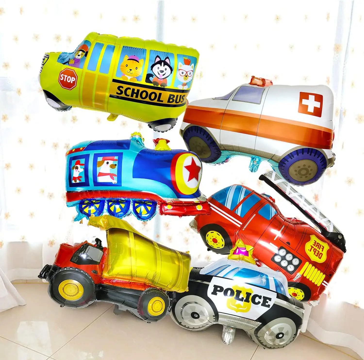 6pcs Car Balloons Big Construction Truck Fire Truck Train Ambulance School Bus Foil Balloons Vehicles Balloons For Kids Gifts 3