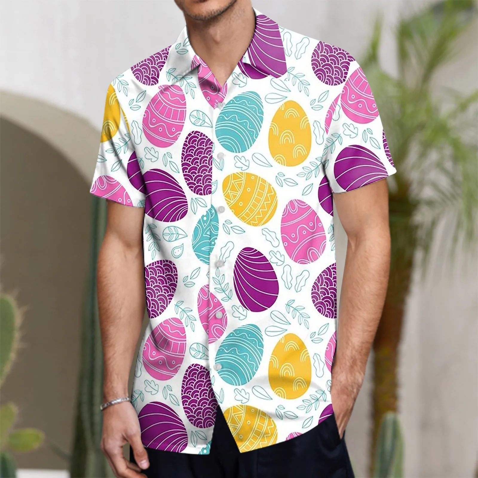 

Рубашка мужская с принтом пасхальных яиц, повседневная с пуговицами, отворотами и короткими рукавами, одежда для отдыха по воскресеньям, лето, весна-лето