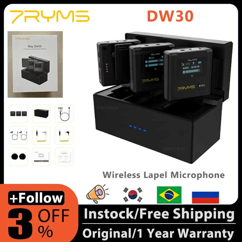 7RYMS iRAY DW30 Wireless Lapel Microphone 8G Builtin Recording 2.4G