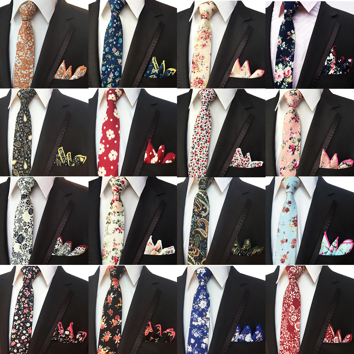 

Classic Versatile 6cm Cotton Flower Slim Tie and Handkerchief Set for Wedding Party Gift Office Business Casual Paisley Necktie