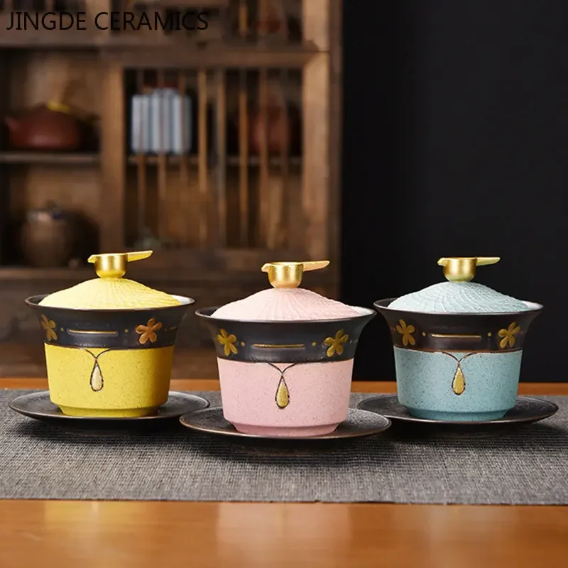 Chinese Style Ceramic Gaiwan Lotus Flower Tracing Gold Teacup Tea Bowl Household Retro Tea Set Handmade Infuser