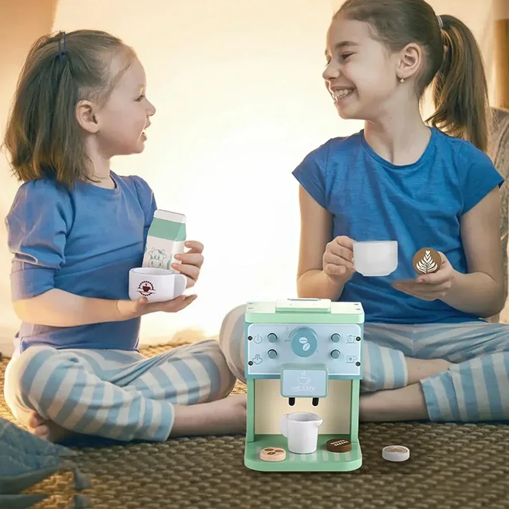 Kids Kitchen Toy Set Wooden Coffee Maker Set Simulation Cookie Maker Kit Pretend Play Educational Toys Gifts for Girls Boys 5