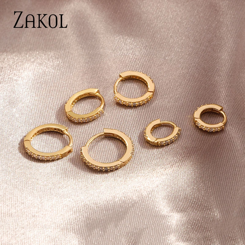 ZAKOL Fashion Round CZ Small Circle Hoop Earrings Women Gold Color Ear Piercing Jewelry