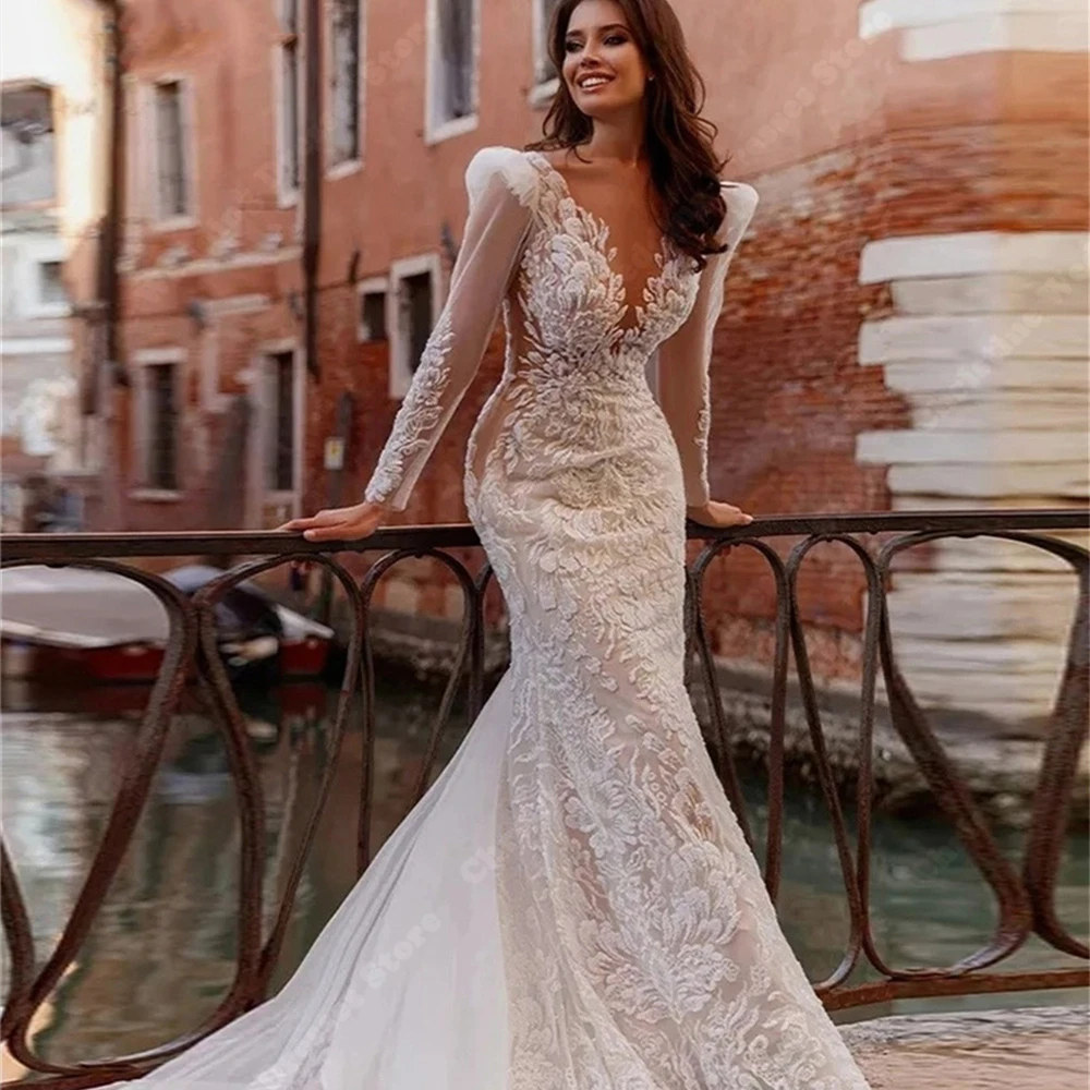 Exquisite Women Wedding Dresses Deep V-Neck Bridal Gowns Lace Applique Mermaid Vestido De Casamenro Linha A Brilhante Customized 2