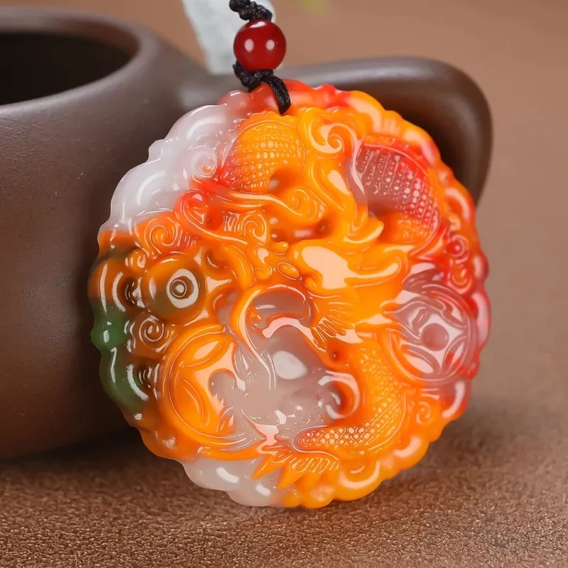 

Natural Colorful Jade Money Dragon Pendant Necklace Jewellery Fashion Accessories Hand-Carved Man Amulet Sweater Chain