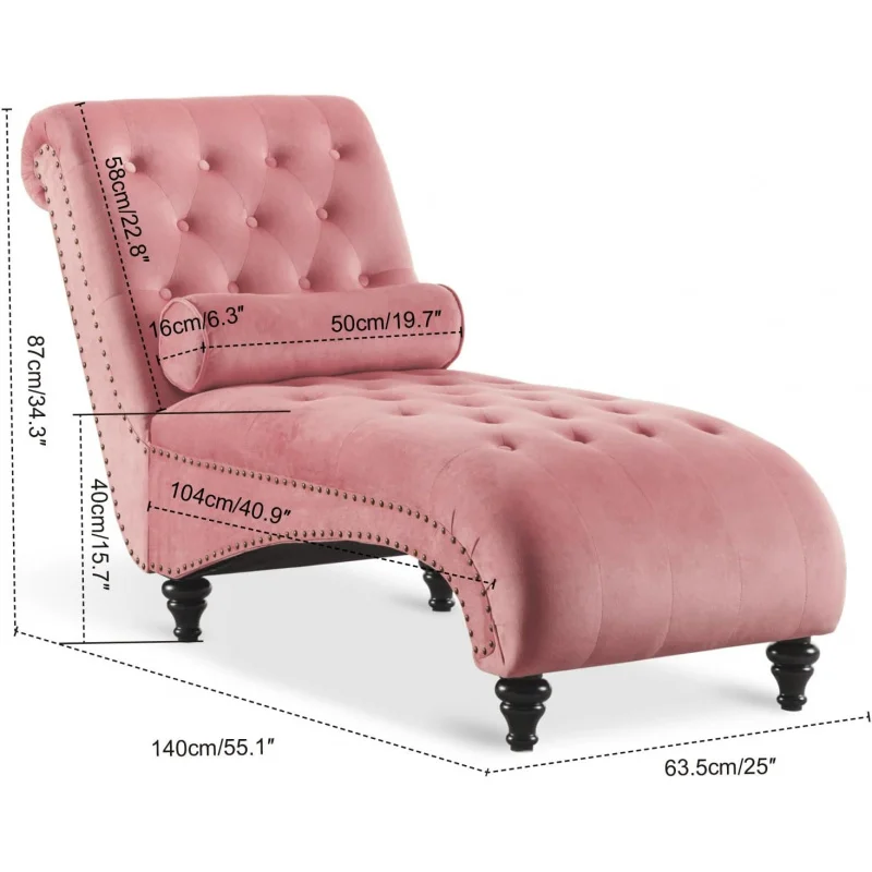Velvet Button-Tufted Chaise Lounge Chair Leisure Sofa Couch w/Bolster Pillow, Nailhead Trim and Turned Legs for Indoor Living Ro - Image 3