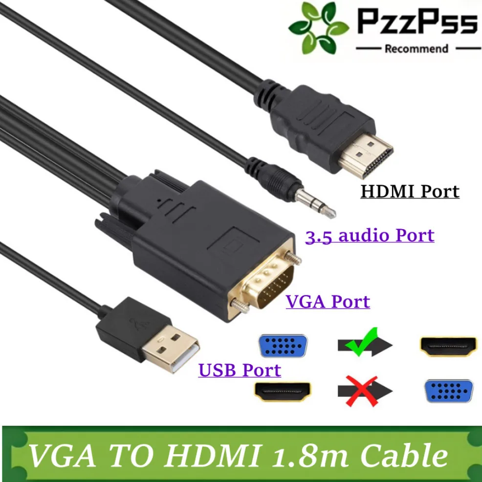 Cabo Adaptador VGA para HDMI de 1,8M HD 1080P com Alimentação USB e Áudio, Cabo VGA Masculino para HDMI Masculino para PC, TV, Laptop, Monitor, Projetor
