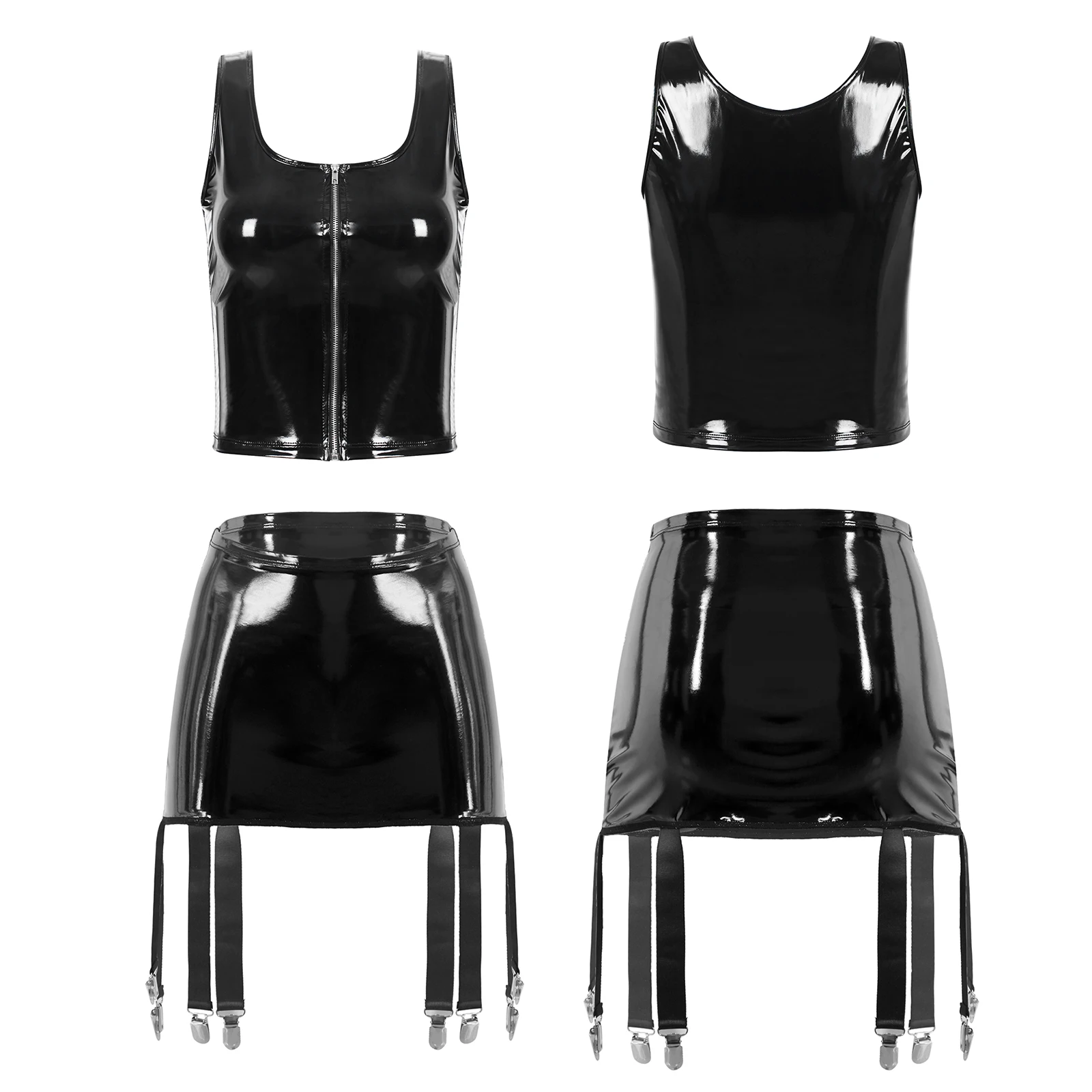 thumbnail image 1 of Conjunto de lencería de charol con efecto mojado para mujer, camiseta sin mangas con cuello en U y cremallera, falda con liga de cintura alta, disfraz para fiesta en club, 1 of 5