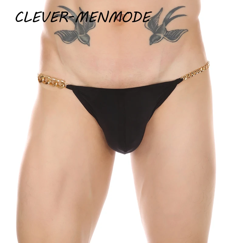CLEVER-MENMODE Men Sexy Thong Ultra Thin T Back Mini Micro Panties U string G String Metal Low Waist Briefs High Slits Lingerie