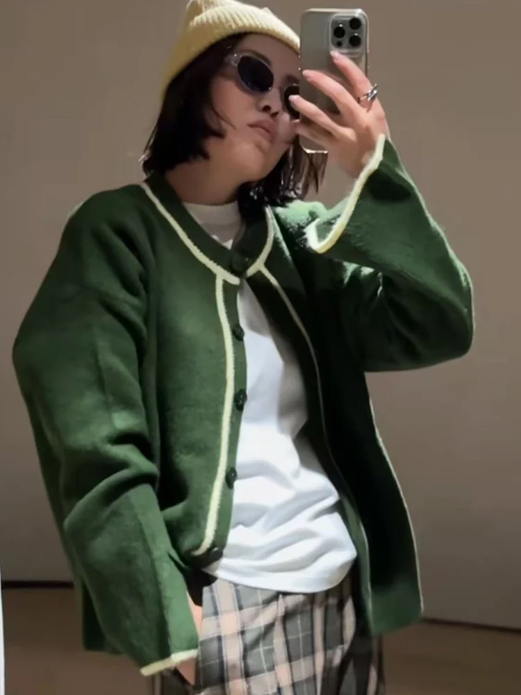 Women's Casual Knitted Cardigan O-neck Single-Breasted Contrast Knitwear 2025 Autumn Winter Chic Ladies Fashion Outerwear