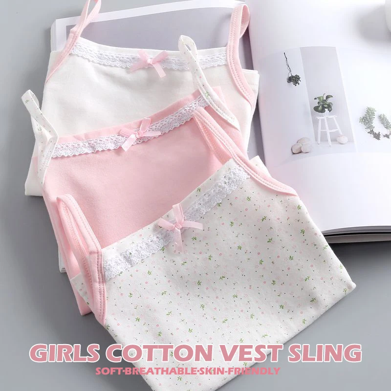 Summer Girls Tanks Halter Solid Color Camisoles Floral Cotton Kids Underwear Casual Strappy Tops Bow Tie Square Collar kids underwear kids tops