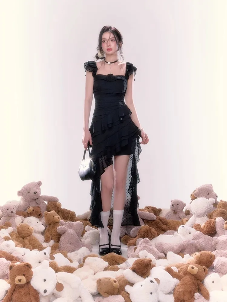 Y2K Irregular Ruffles Midi Dresses for Women Sleeveless Birthday Party Dress Prom Robe Korean Chic Summer New One Piece Vestido