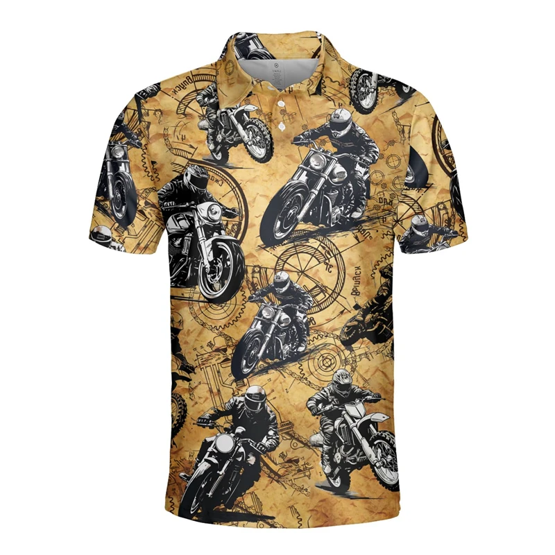 Vintage Motorcycle Streetwear 3D Print Short Sleeve Polo Shirts For