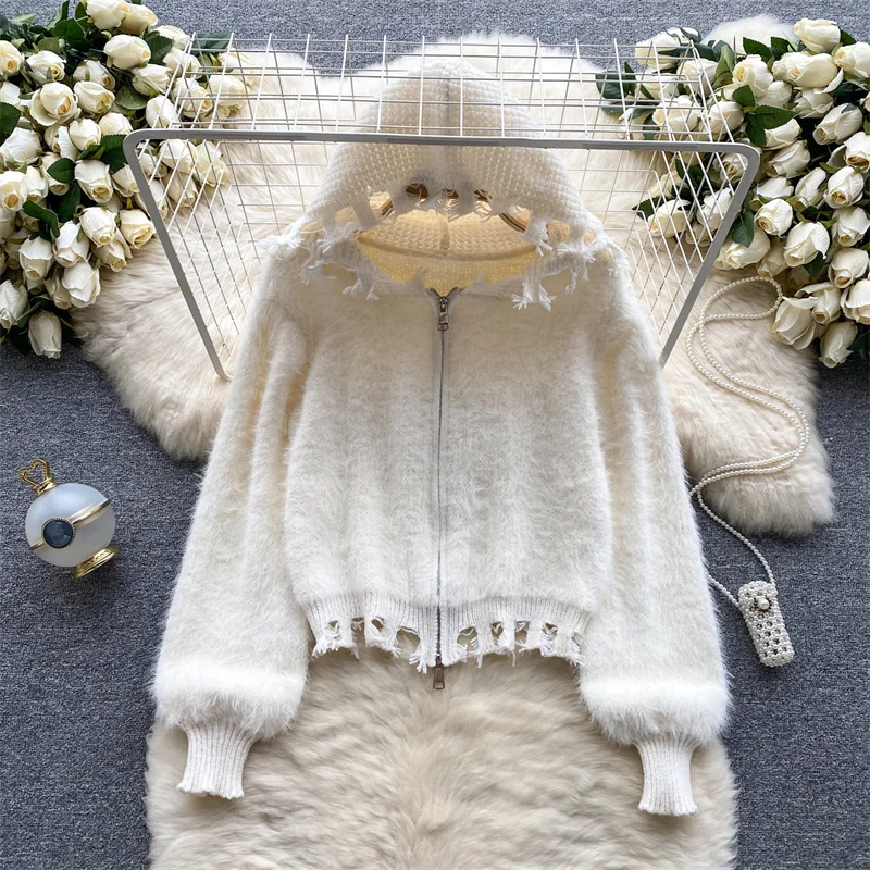 

Spring Autumn New Women Fashion Frayed Hooded Short Knitted Cardigan Jacket Pink Apricot Korean Long Sleeve Female Knitwear Coat