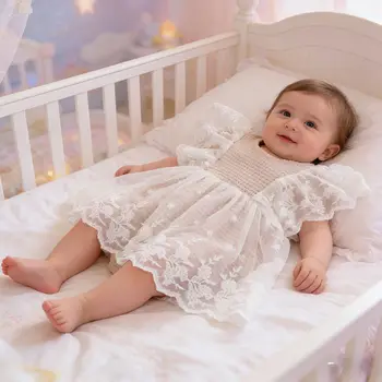 Abbigliamento per Neonati Body a Quadri Tutina Vestito Estivo con Maniche a Sbuffo in Pizzo per Bambine 3-24 Mesi