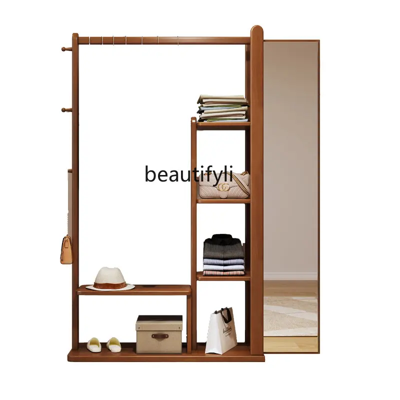 

Solid Wood Coat and Hat Rack Clothes Rack Full-Length Mirror Bedroom and Household Storage Rack