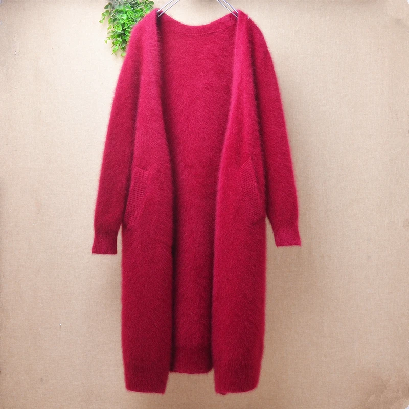 

Ladies Women Fall Winter Clothing Red Hairy Mink Cashmere Knitted Long Sweater Cardigan Angora Rabbit Fur Jacket Coat Sweater