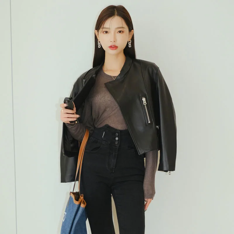 

Женская кожаная куртка на молнии, Повседневная Свободная черная короткая мотоциклетная куртка из натуральной овечьей кожи с воротником-стойкой, в Корейском стиле, весна 2023