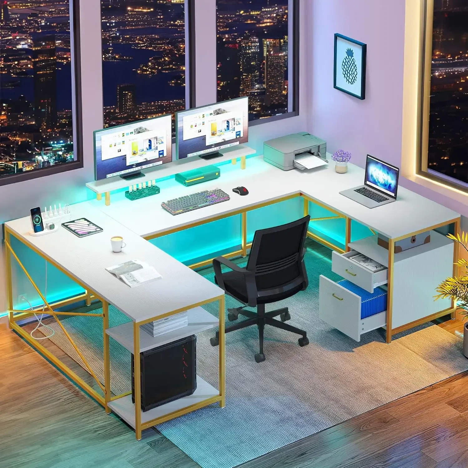 U Shaped Desk with Drawers, 79" Reversible L Shaped Desk with Power Outlets & LED Lights, Corner Computer , White & Gold