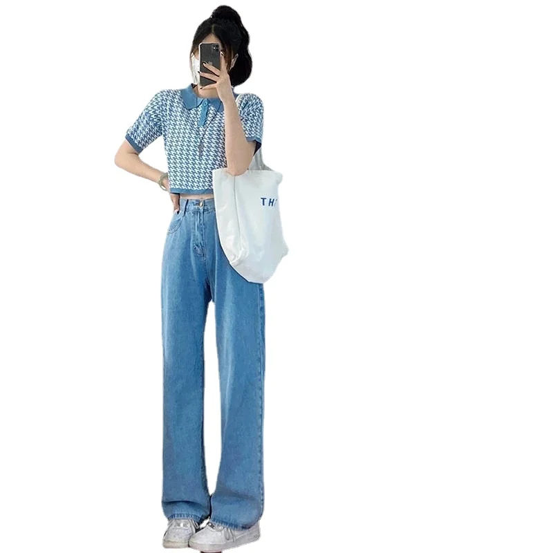 

Комплект из двух предметов, Новинка лета 2024, футболка с коротким рукавом в студенческом стиле + повседневные джинсы с широкими штанинами Y2k