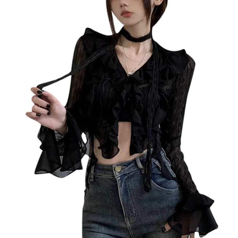 Camisa Y2K de los años 2000 para mujer, color liso, transparente, cuello en V, acampanado, manga larga, blusa con volantes, top corto, ropa de calle coqueta