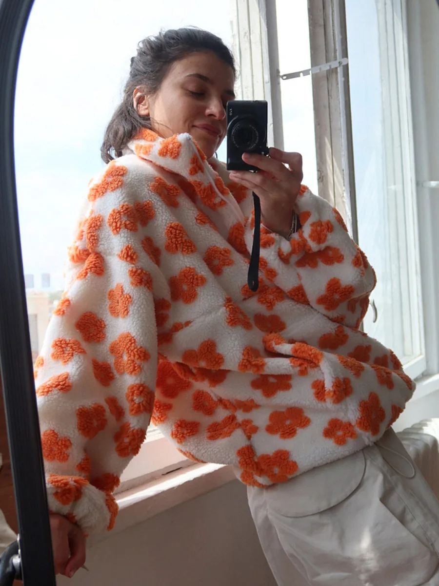 Pull sweat sherpa fleurs femme vert orange doux chaud coupe ample automne hiver