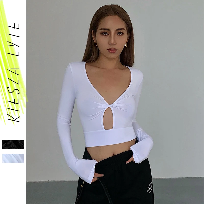 

Sexy Crop Top White Black Short V Neck Twist Hollow-out T-shirt Niche Fashion 2023 New Korean clavicle Top