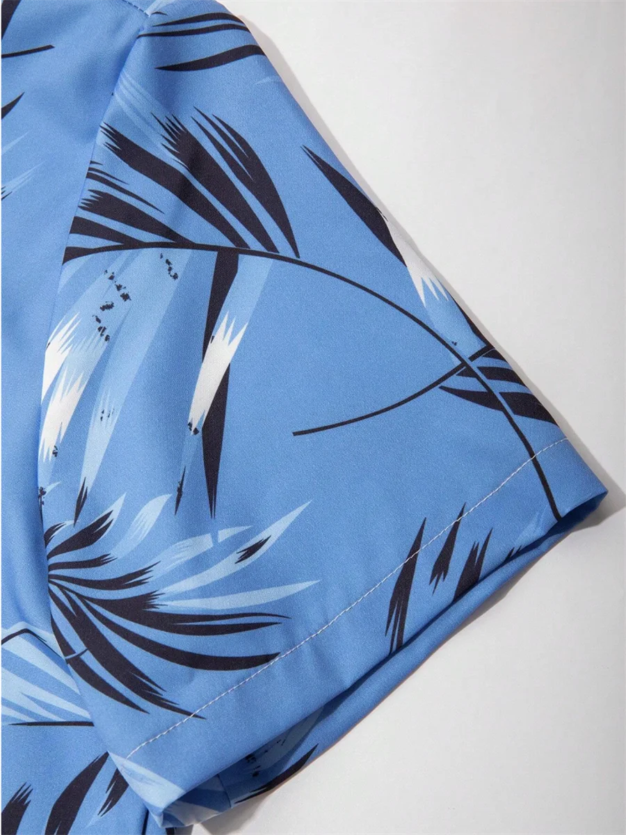 New Fashion Men's Leaf Print Short Sleeve Shirt Summer Beach Resort Style Polyester Tropical Hawaiian Shirt Men's 5XL
