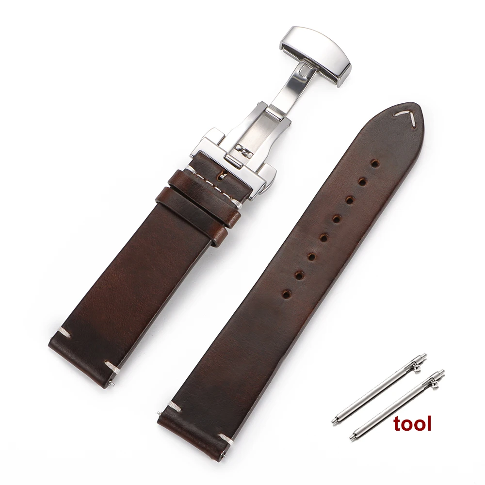 Vintage Oil Wax Genuine Leather Watchband with Quick Release Butterfly Buckle