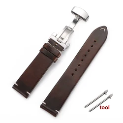 Vintage Oil Wax Genuine Leather Watchband with Quick Release Butterfly Buckle - 22mm (Dark Brown)