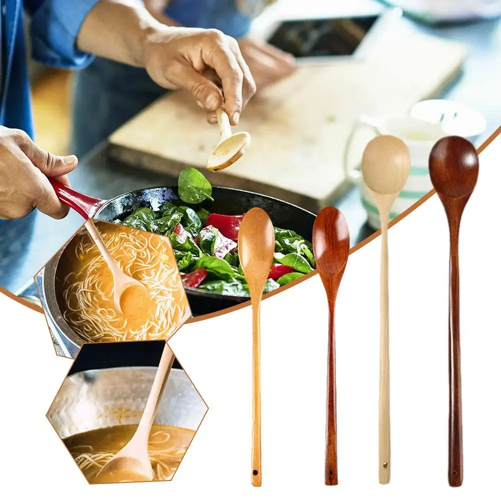 

33cm Round Mouth Spoon Wooden Long Handle Soup Stirring Spoon Stirring Utensils Teaspoon Tableware Coffee Kitchen Spoon Coo J7R6