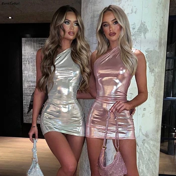 Sexy One Shoulder Bodycon Dresses For Women Solid Irregular Skinny Mini Dress Female Party Nightclub Buttocks Short Gown vestido 1