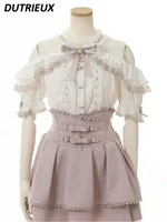 Sweet Cute Girls Short Sleeve Tops Japanese Style Mine Mass-Produced 2025 Summer Kawaii Slimming Lace Off-Shoulder Shirt - Image 4