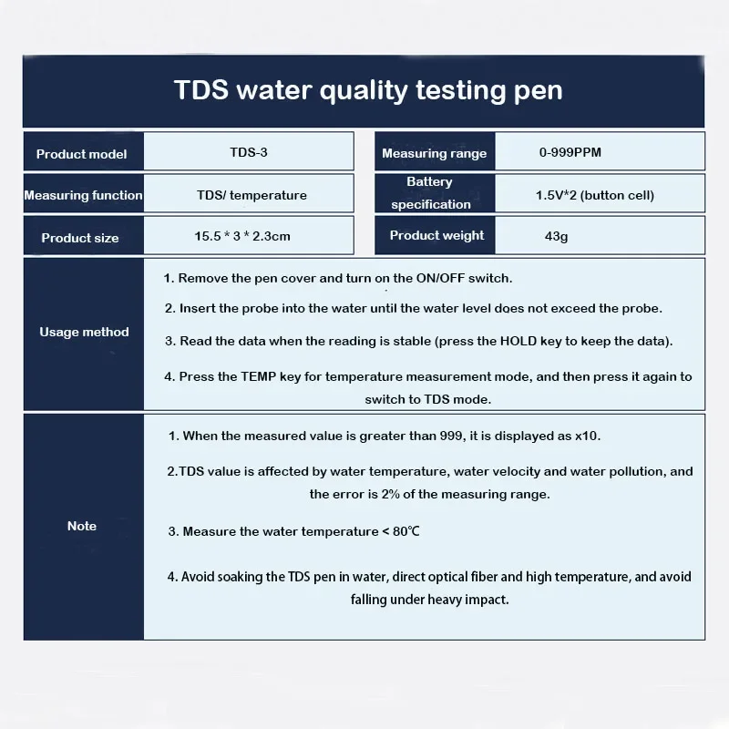 Portable Pen TDS Tester Digital Water Meter Filter Measuring temperature Water Quality Purity Drinking Aquariums 0-9999ppm