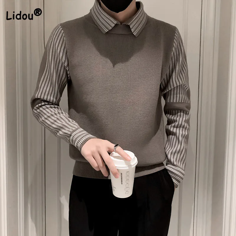 Trend Men's Fake Two Pieces Spliced Sweaters Autumn Winter Fashionable Casual Striped Long Sleeve Pullovers Tops Male Clothes