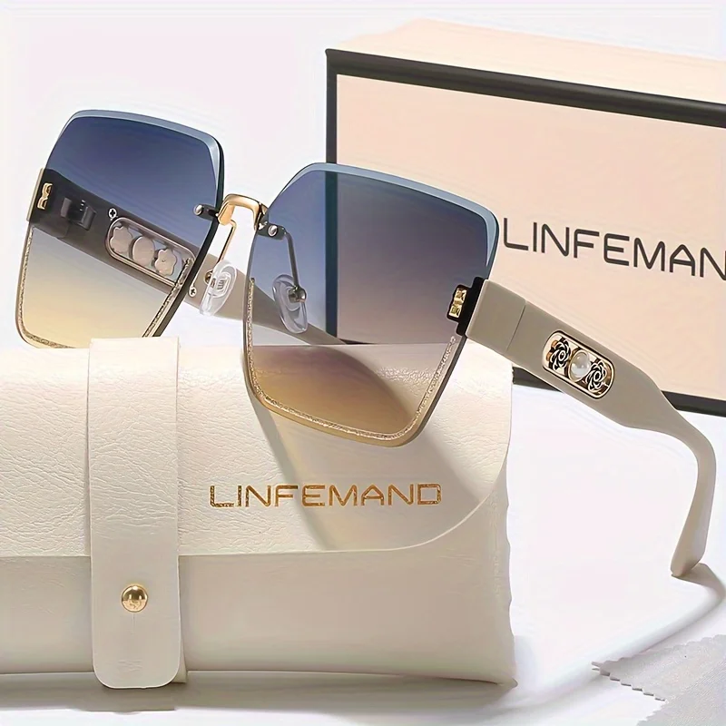 نظارات شمسية عصرية متدرجة بدون إطار من LINFEMAND بإطار بلاستيكي مزين بالزهور اللؤلؤية مع حافظة لهدية مهرجان الصيف للنساء