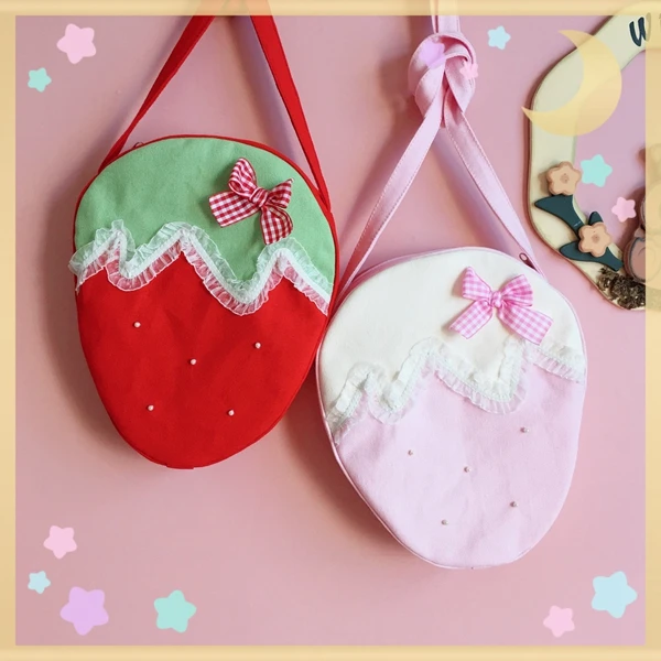 Japanese Handmade Homemade Lolita Bags Female Soft Girl Macaron Pearl Strawberry Fungus Edge Bow Messenger Bag Girl Canvas Bag 6