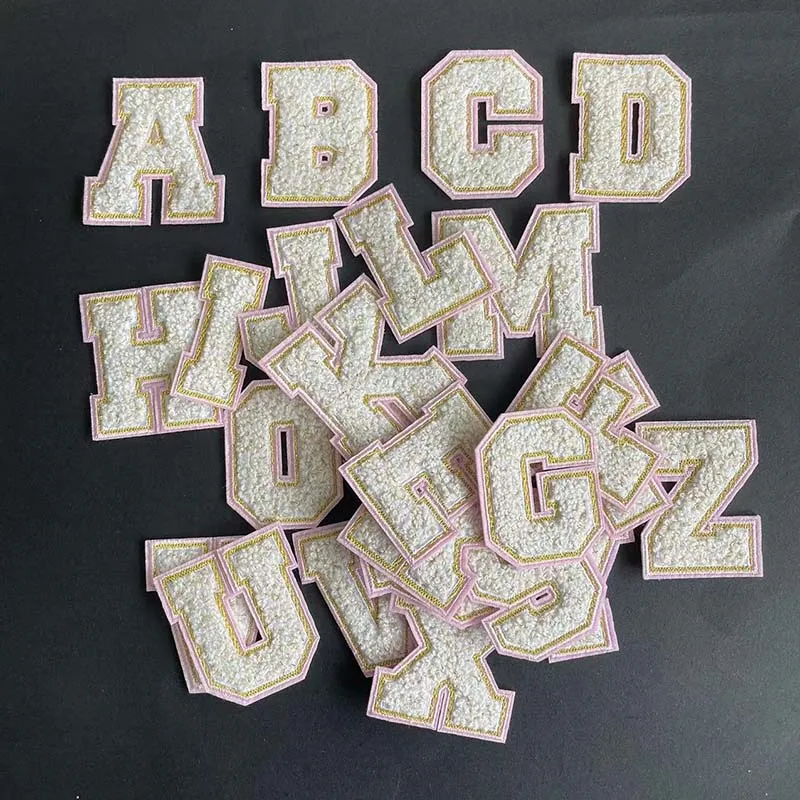 Weiße A~Z-Alphabet-Buchstaben, 0~9 Zahlen, Chenille-Aufnäher, Thermocollant, Stickerei-Applikation zum Aufbügeln, Transfer-Kleidungsaufkleber – Detail 2