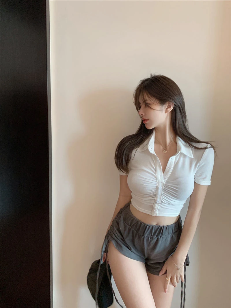 High Waist Stretch Short Cropped Navel Women's Top Sexy Y2K Solid Ladies Cardigan Shirt Fashion Women Short Sleeve145_voghion.com