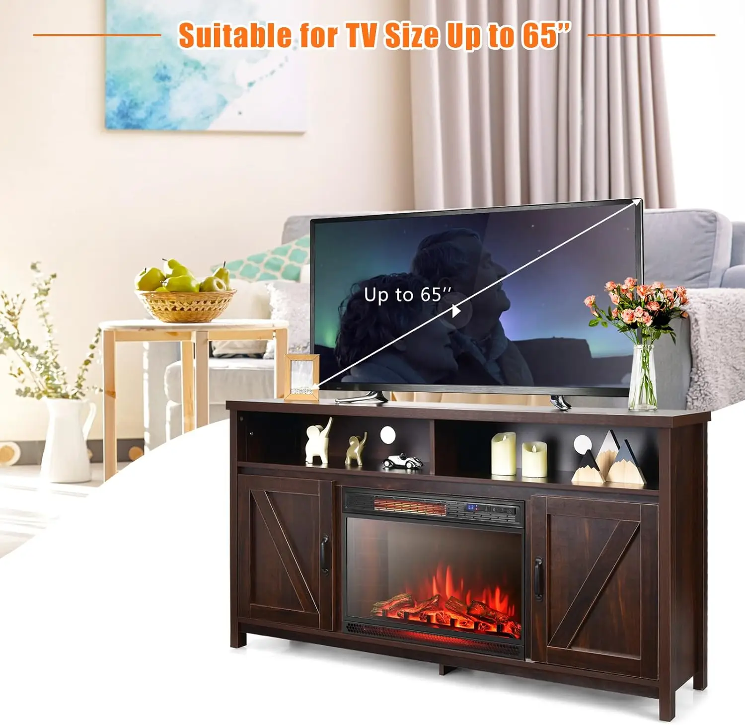 Electric Fireplace TV Stand, with 25 Inch 1350W Reccessed Faux Fireplace, 3 Flame Setting, 4 Brightness Remote Control 5