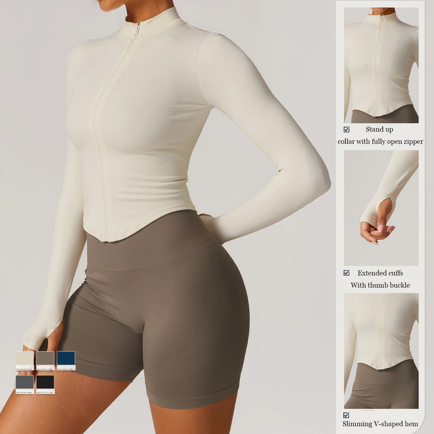 Yoga Jacket Yoga Shirts Women Seamless Zipper Jacket Yoga Long Sleeved Gym Top Ribbed Yoga Stand Collar Jacket Running Workout Sport Coat Women's Shirts